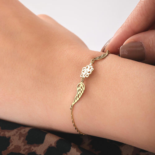 Close-up of a delicate gold-toned bracelet featuring angel wings on either side of a central birth flower charm, worn on a wrist.