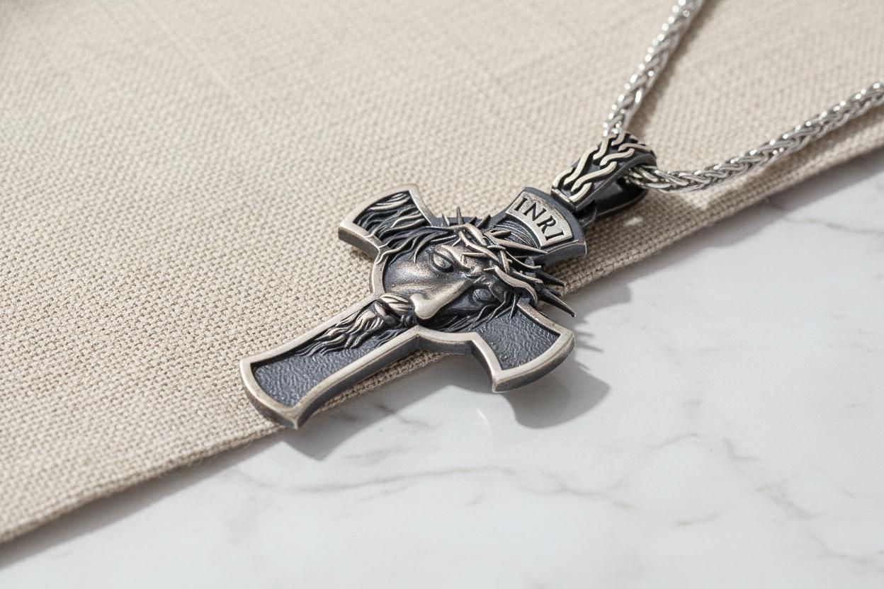 Gothic INRI Crucifix Necklace – Jesus Crown of Thorns Sterling Silver Pendant