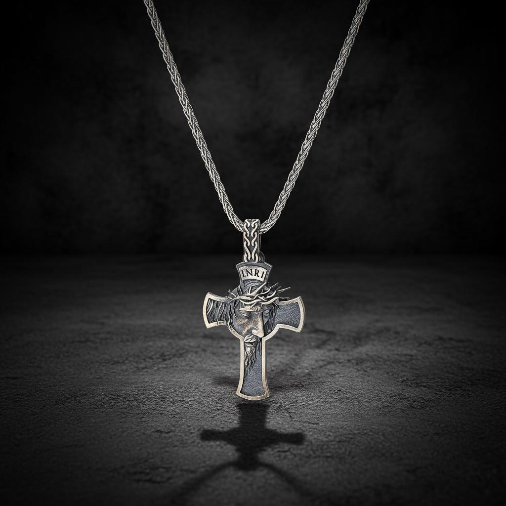 Gothic INRI Crucifix Necklace – Jesus Crown of Thorns Sterling Silver Pendant