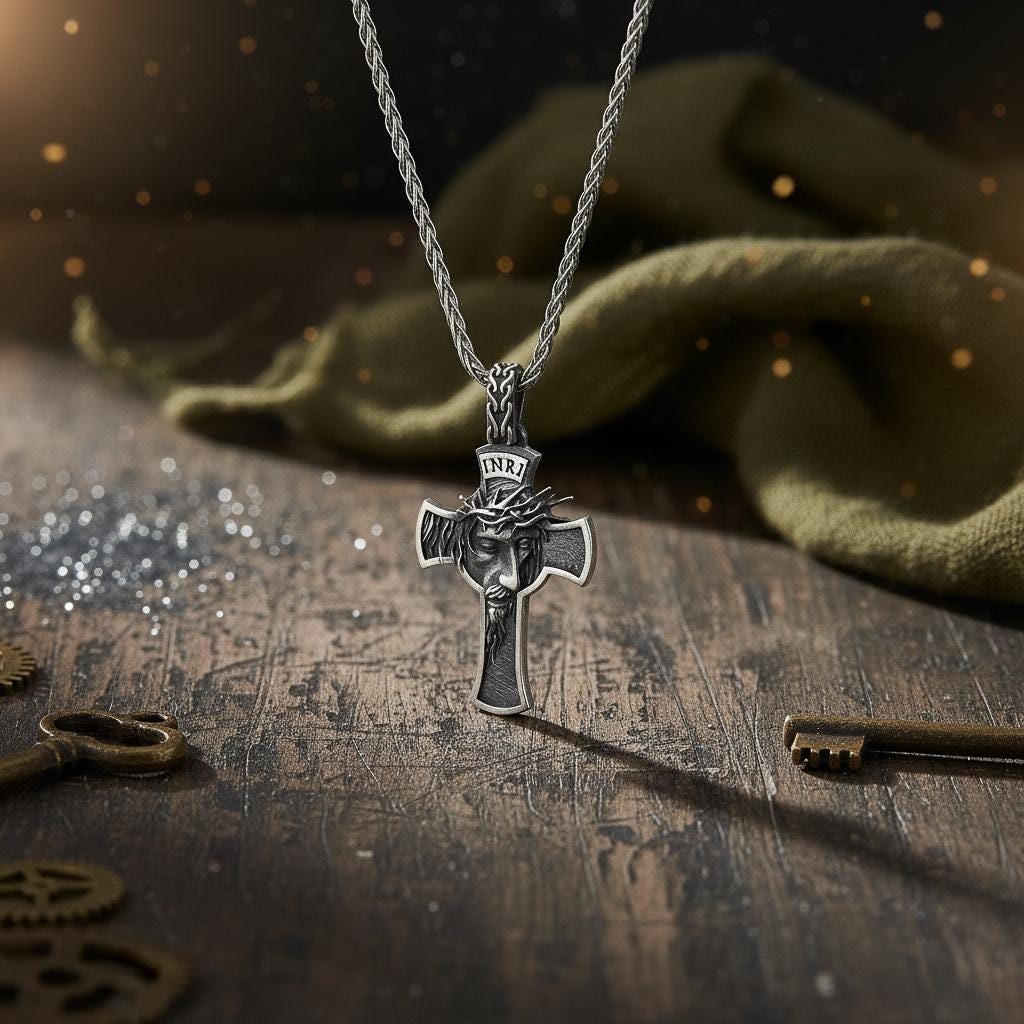 Gothic INRI Crucifix Necklace – Jesus Crown of Thorns Sterling Silver Pendant