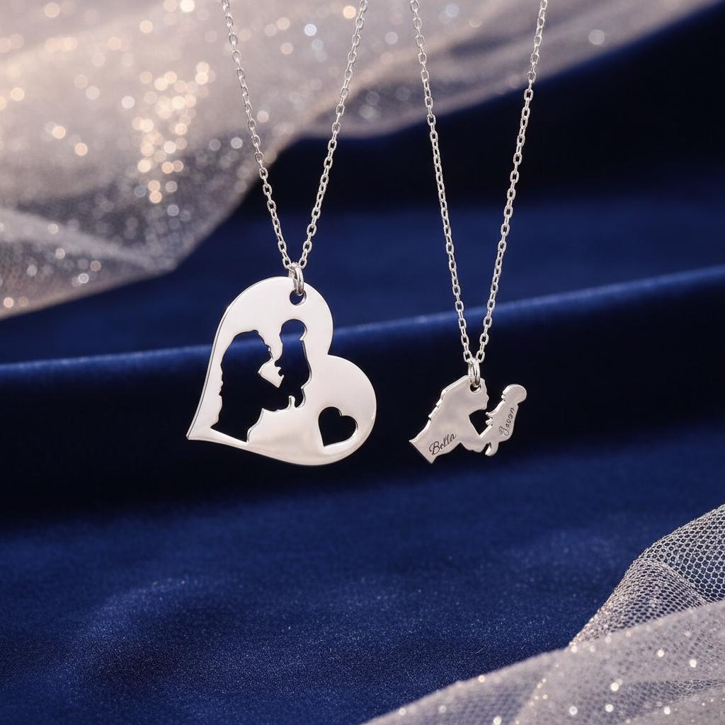 Personalised Interlocking Mum Baby Necklace Set, Sterling Silver Matching Jewellery