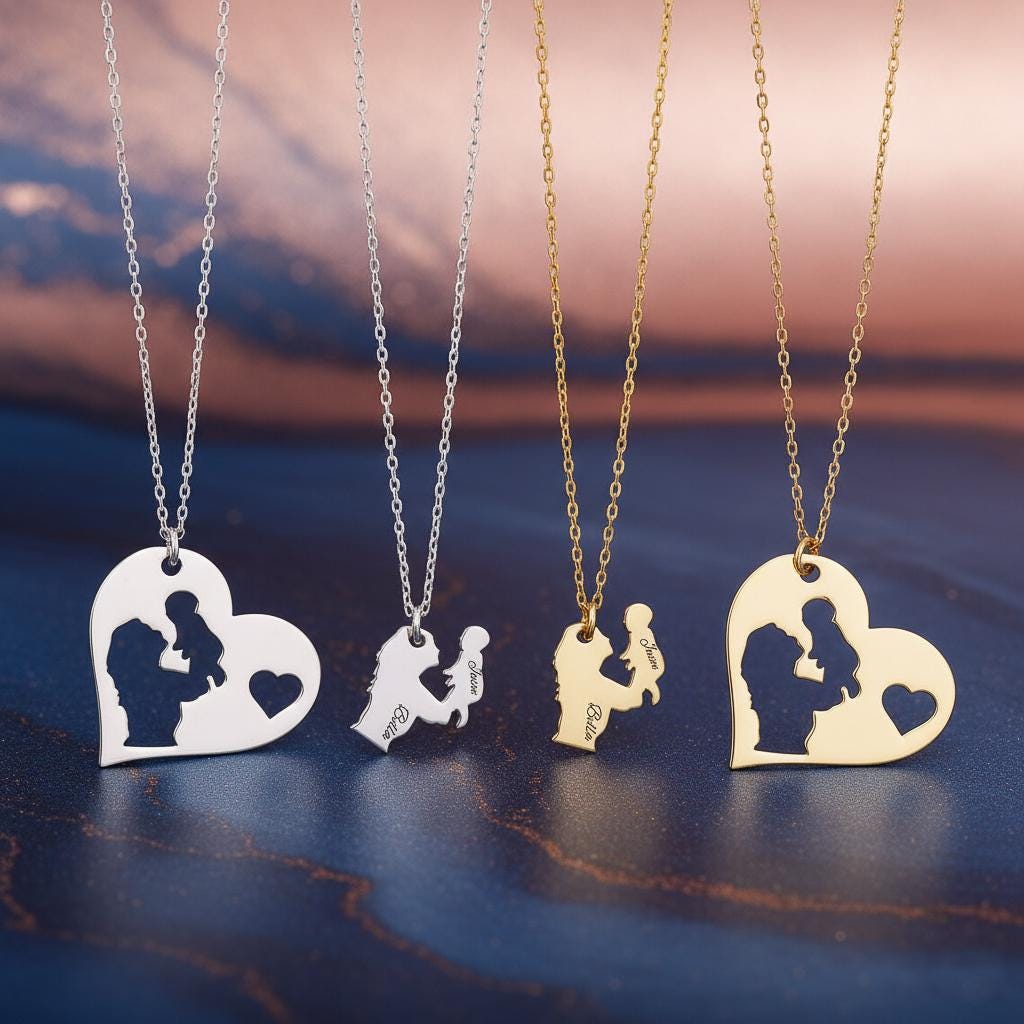 Personalised Interlocking Mum Baby Necklace Set, Sterling Silver Matching Jewellery