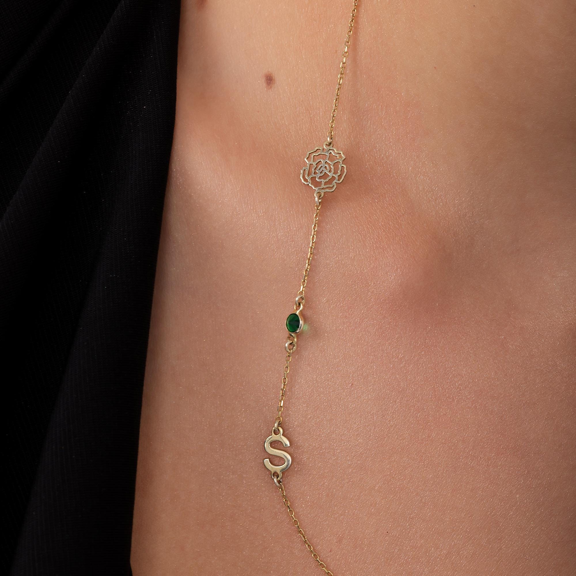 Sideways Birth Flower & Initial Charm Necklace – 925 Sterling Silver Mothers Day Gift Christmas Gift