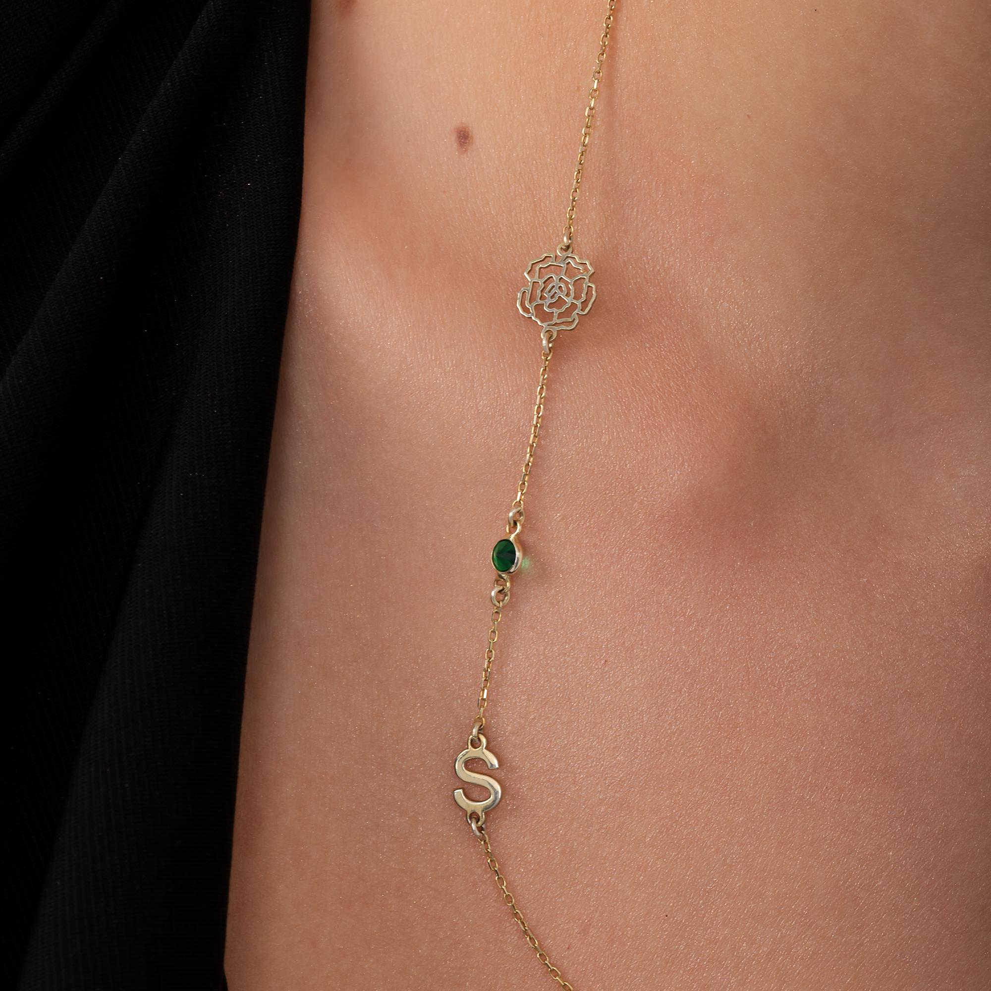 Sideways Birth Flower & Initial Charm Necklace – 925 Sterling Silver Mothers Day Gift Christmas Gift