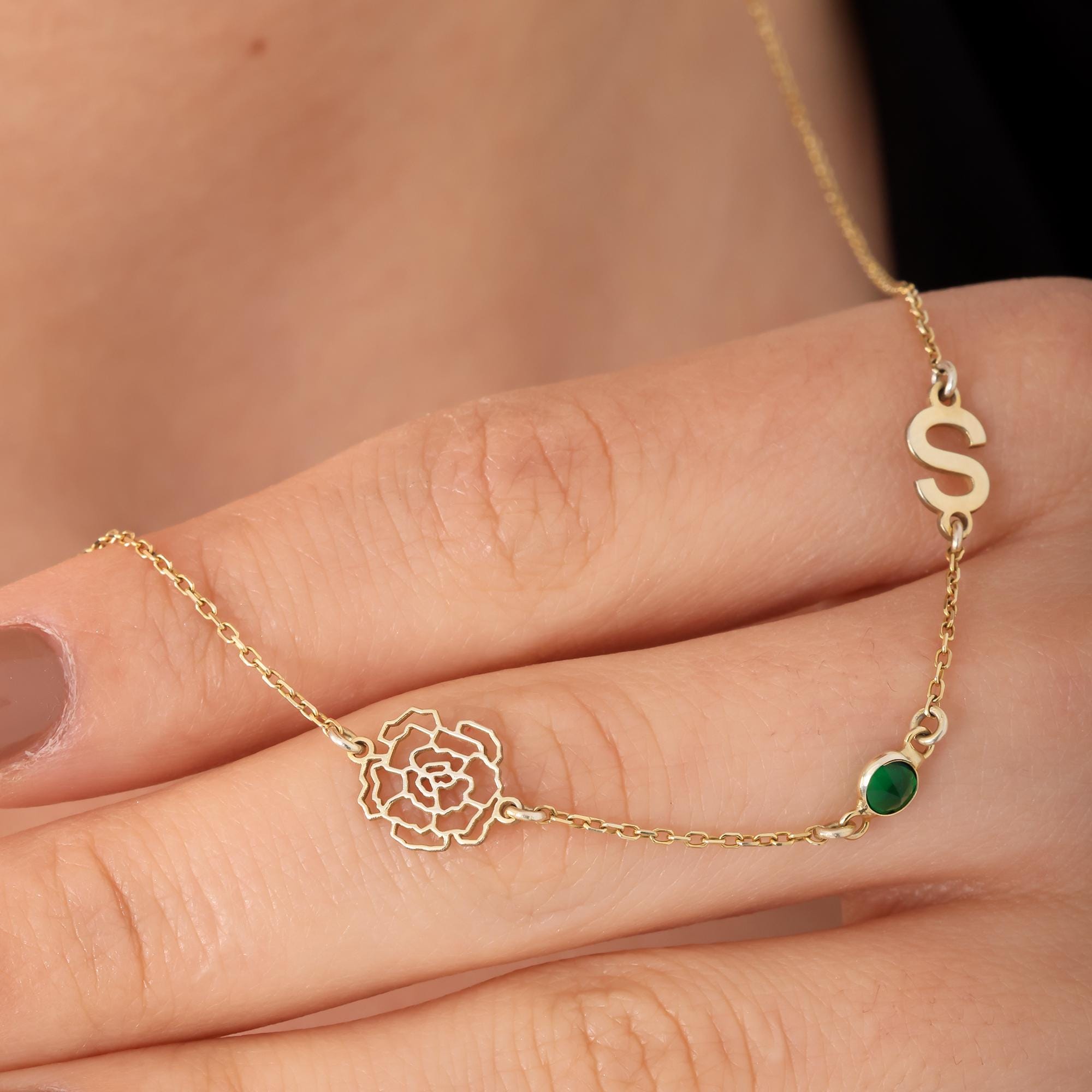 Sideways Birth Flower & Initial Charm Necklace – 925 Sterling Silver Mothers Day Gift Christmas Gift