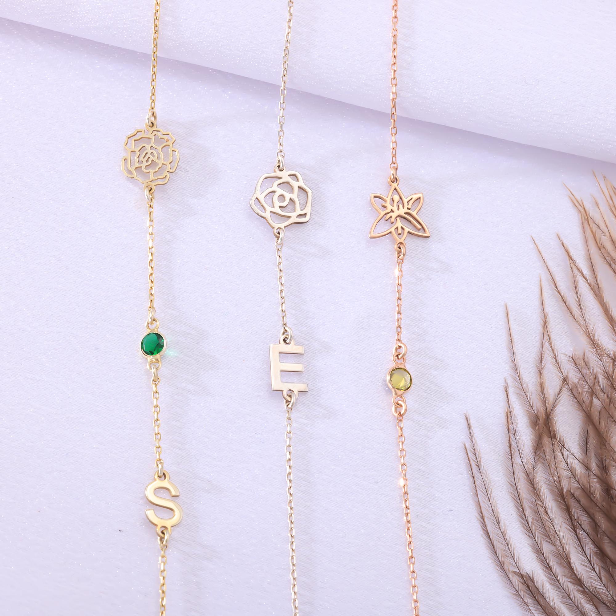 Sideways Birth Flower & Initial Charm Necklace – 925 Sterling Silver Mothers Day Gift Christmas Gift
