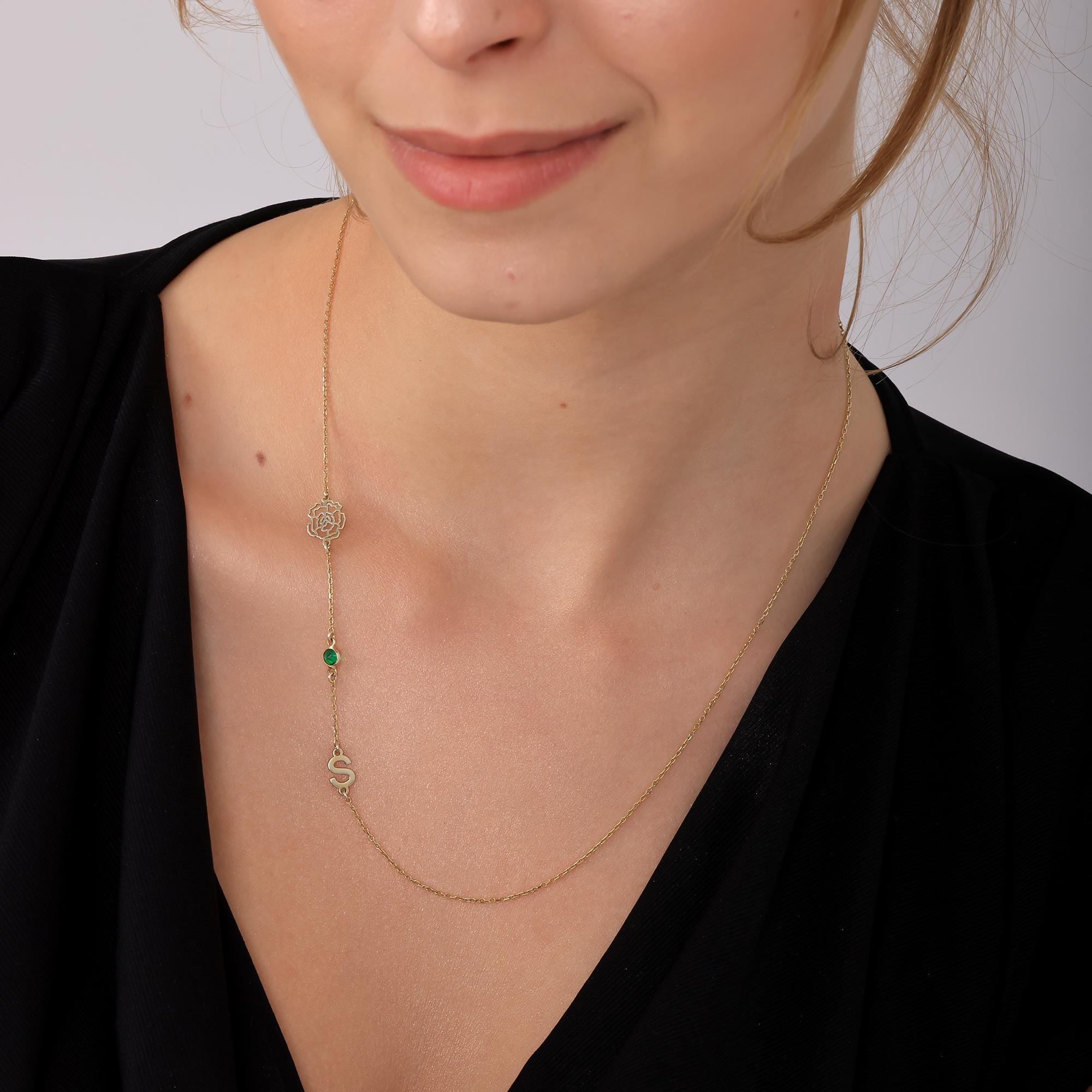 Sideways Birth Flower & Initial Charm Necklace – 925 Sterling Silver Mothers Day Gift Christmas Gift