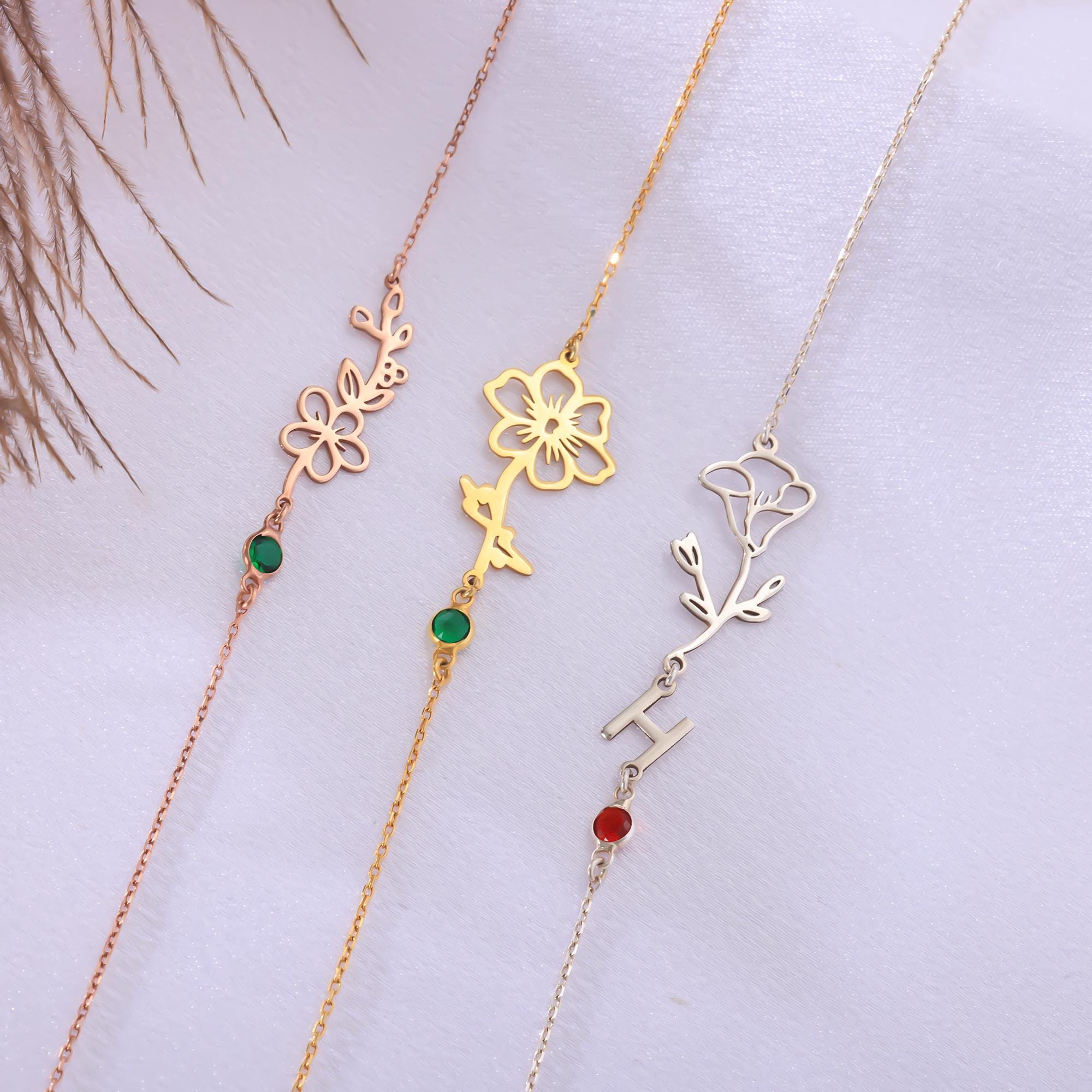 Sideways Birth Flower Necklace – Sterling Silver, Optional Birthstone, Initial Charms