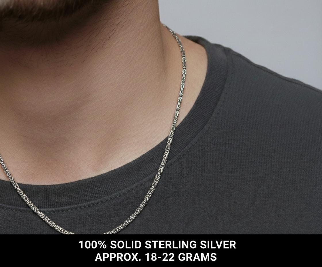 Square King Byzantine Chain – Oxidized 925 Sterling Silver Necklace Christmas Gift