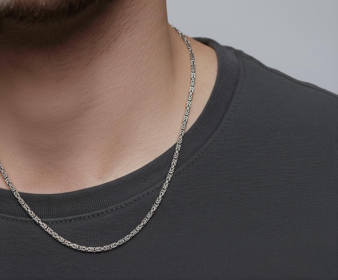 Square King Byzantine Chain – Oxidized 925 Sterling Silver Necklace Christmas Gift