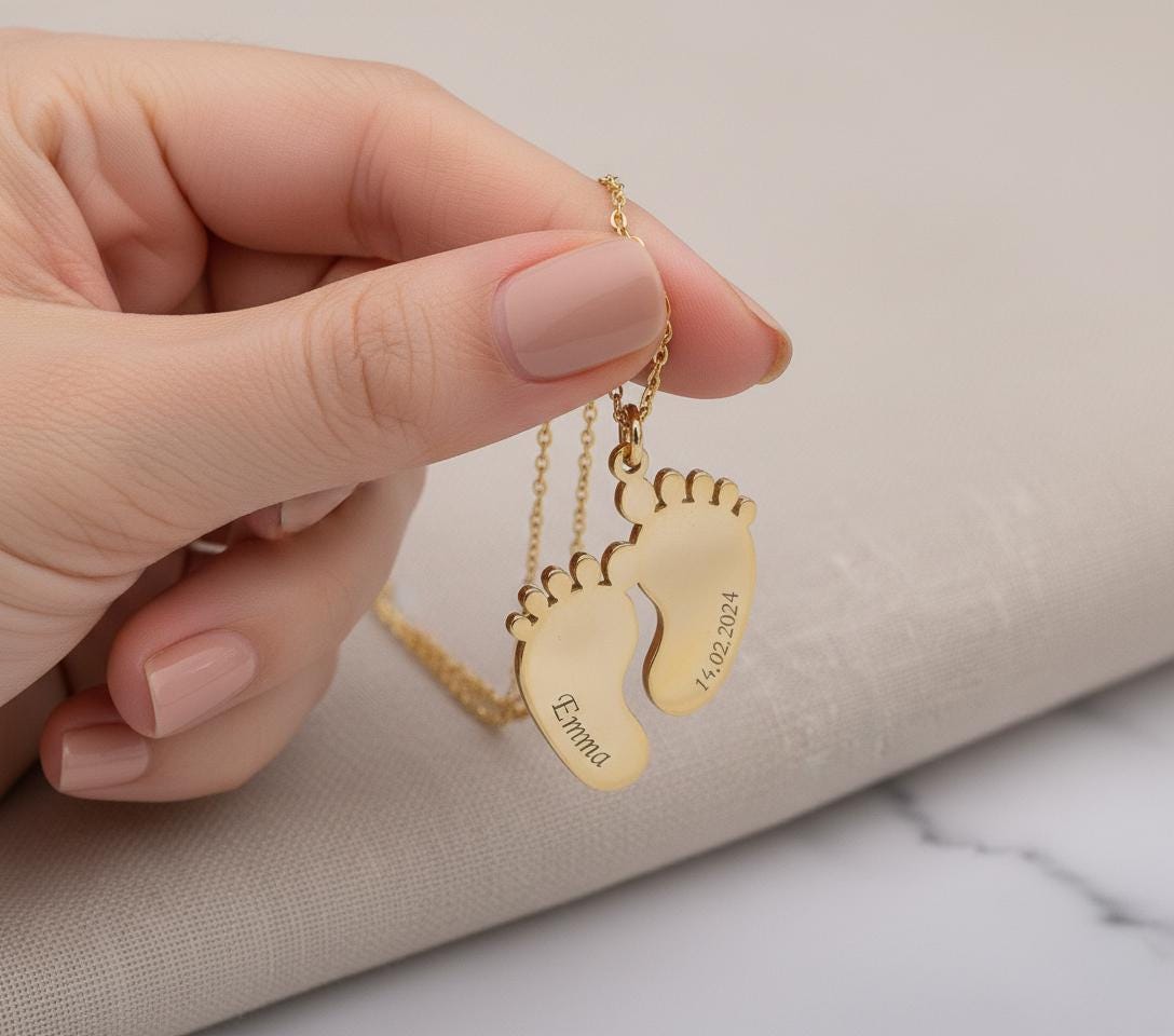 Sterling Silver Baby Footprint Necklace: Personalized Name & Date