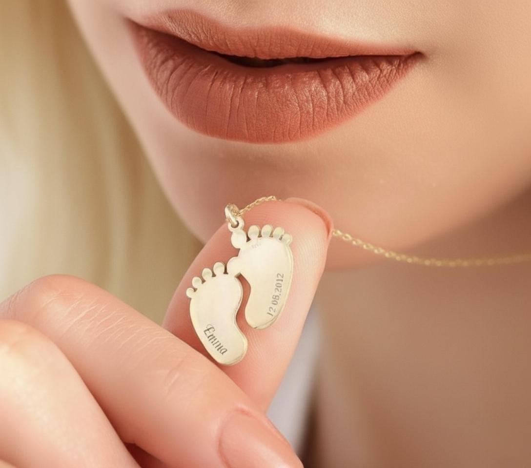 Sterling Silver Baby Footprint Necklace: Personalized Name & Date