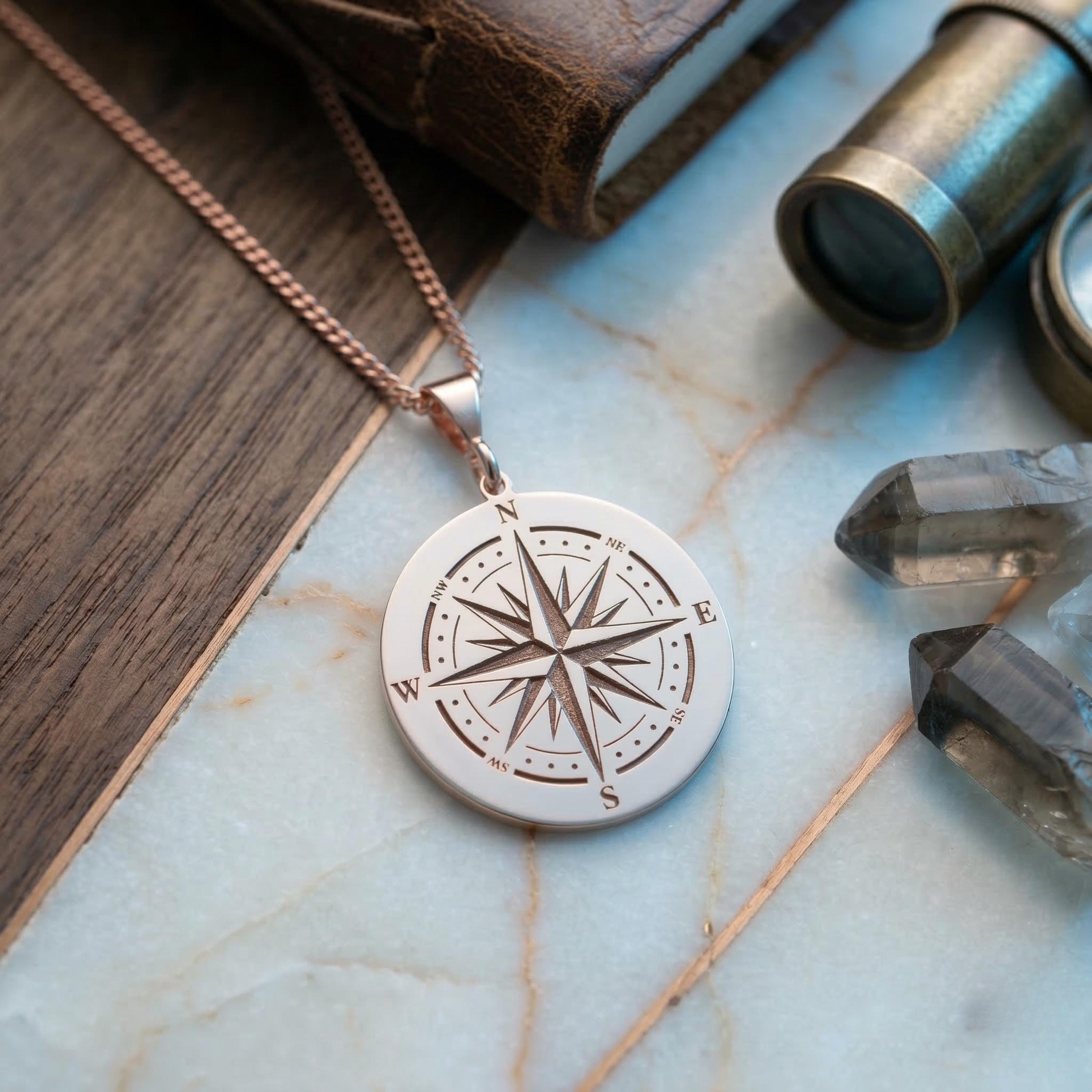 Sterling Silver Compass Necklace, North Star Talisman, Dainty Guidance Jewelry