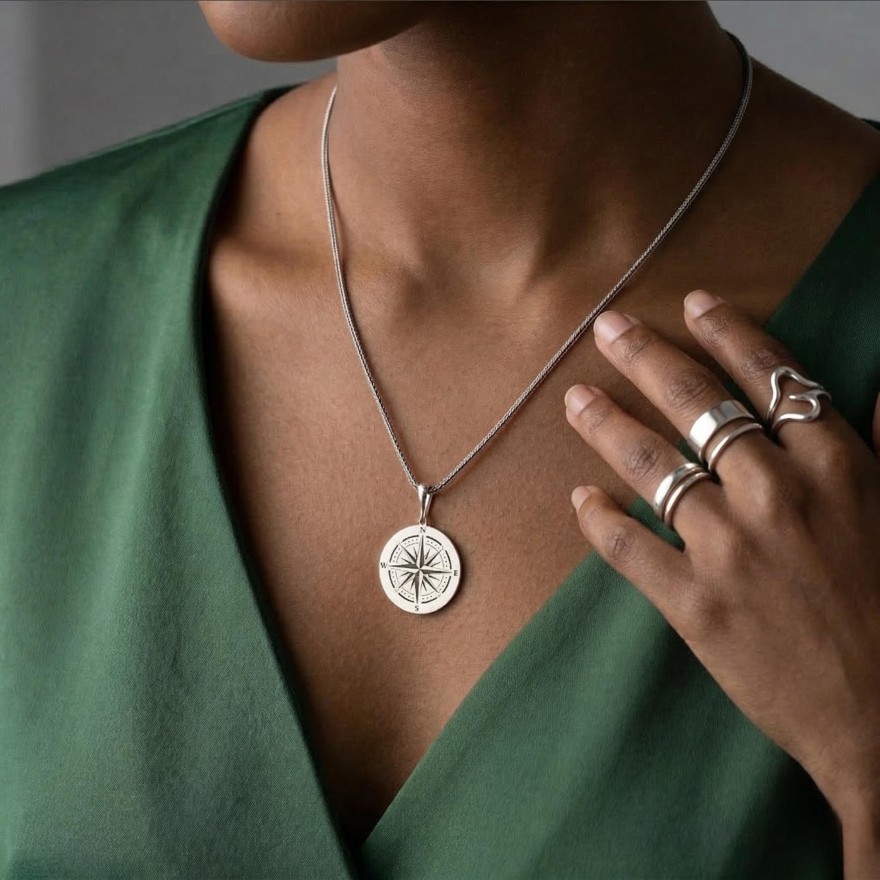 Sterling Silver Compass Pendant Necklace: Directional Travel Jewelry