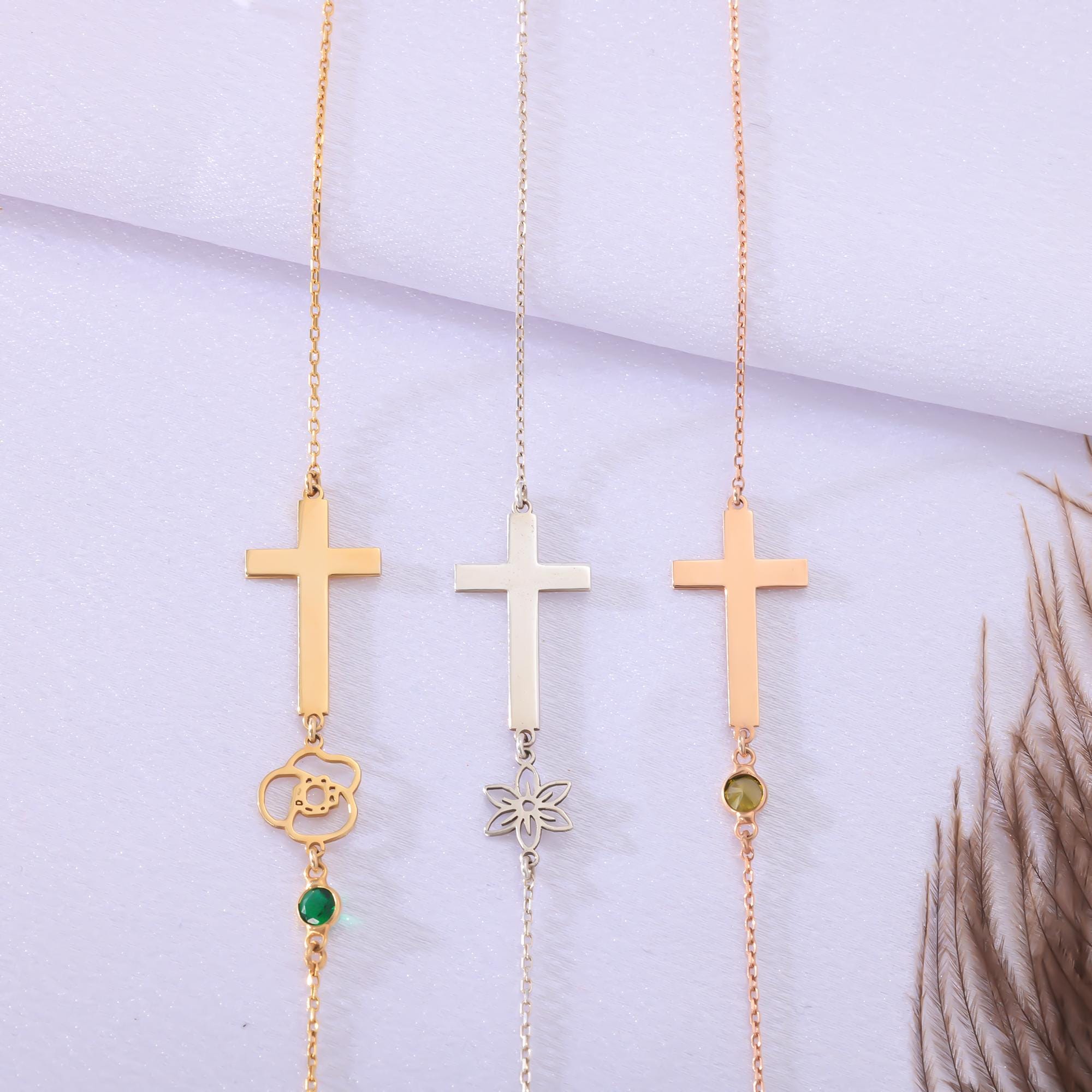 Sterling Silver Cross Necklace with Birth Flower or Birthstone – Faith Jewelry