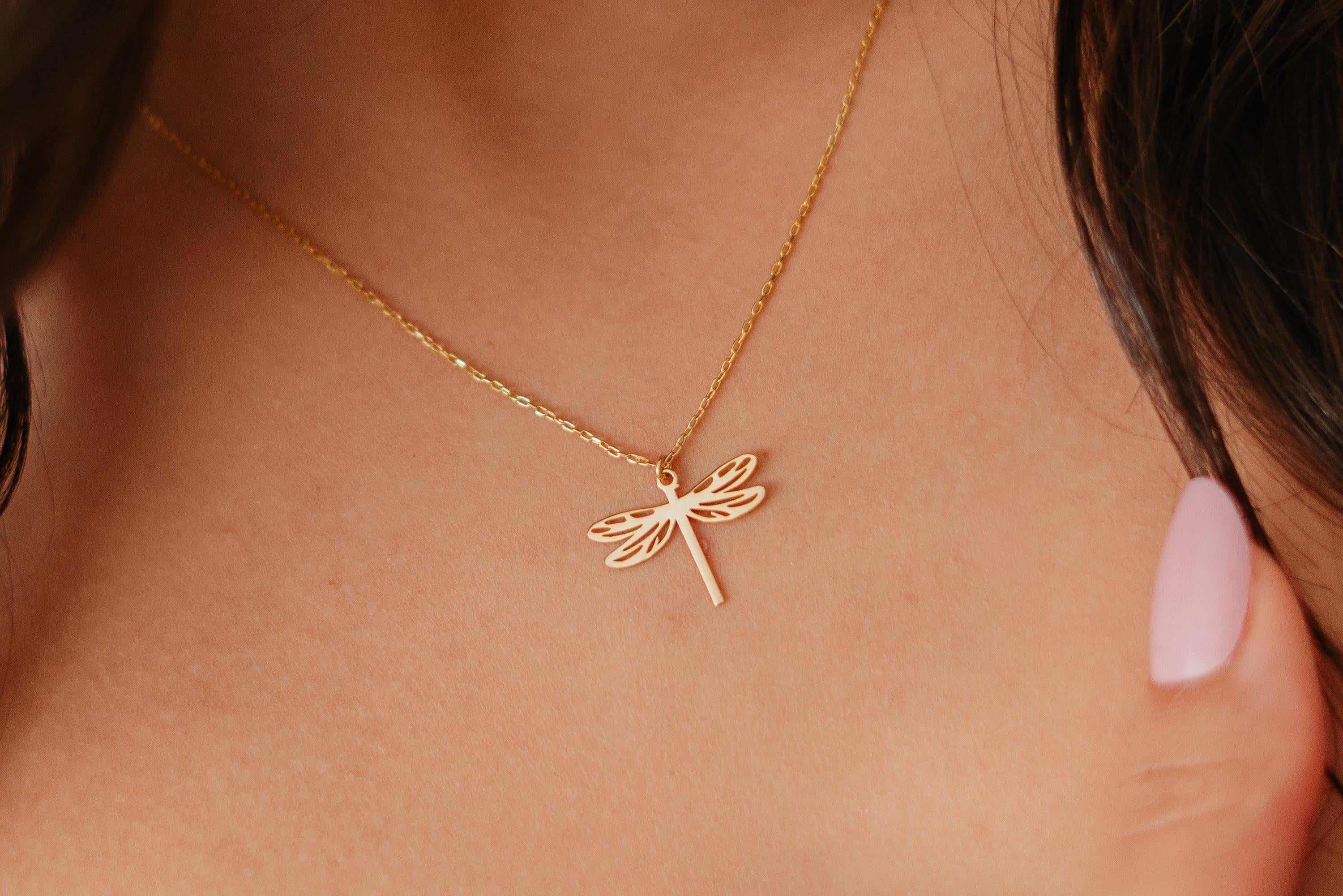 Sterling Silver Dragonfly Necklace – 14K Gold Plated Pendant