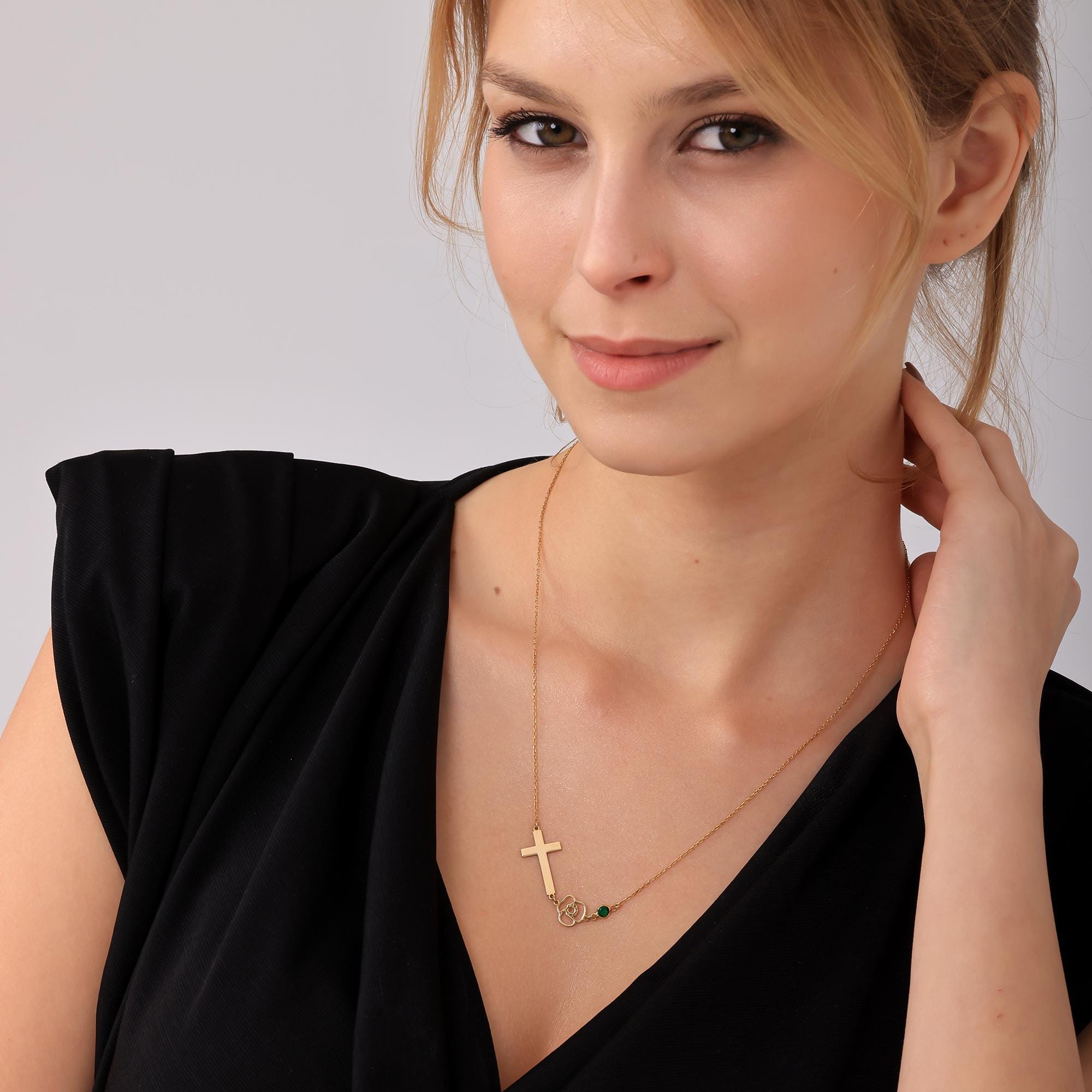 Sterling Silver Faith Cross Necklace – Birthstone, Birth Flower Options, Gold Plated