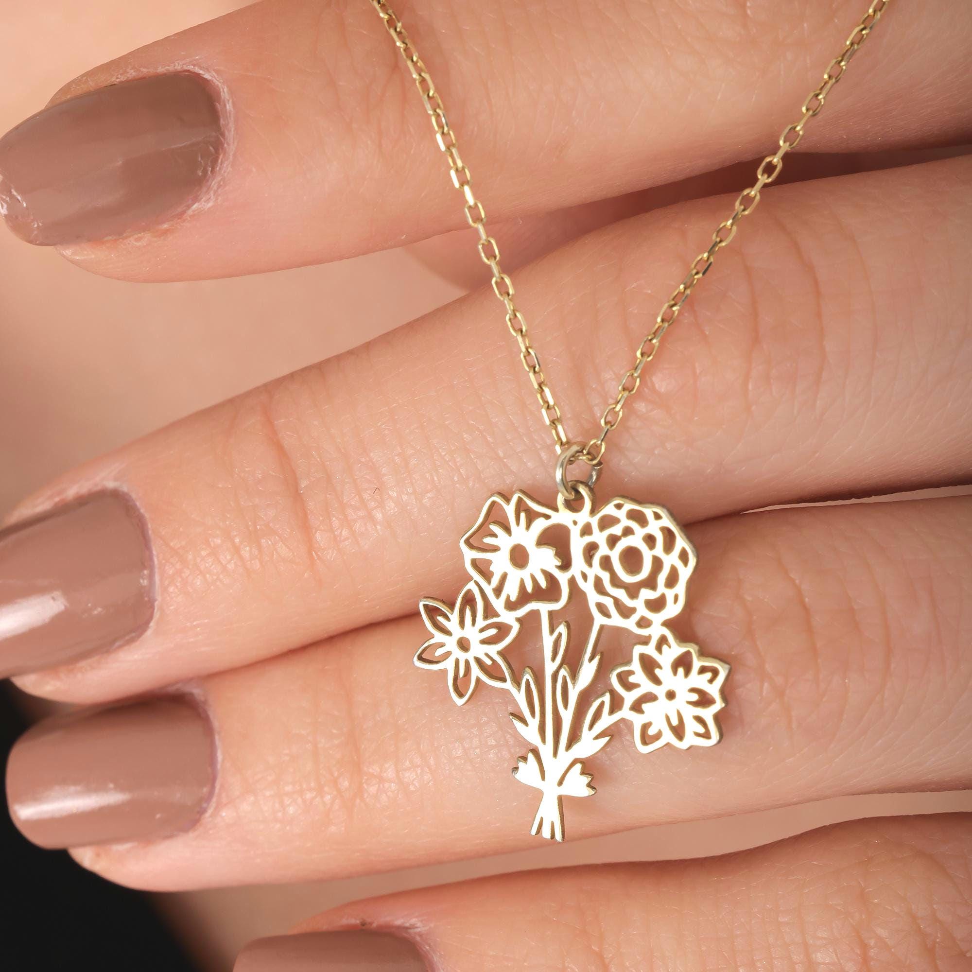 Sterling Silver Family Birth Flower Necklace, Combined Bouquet Pendant, Mom Gift