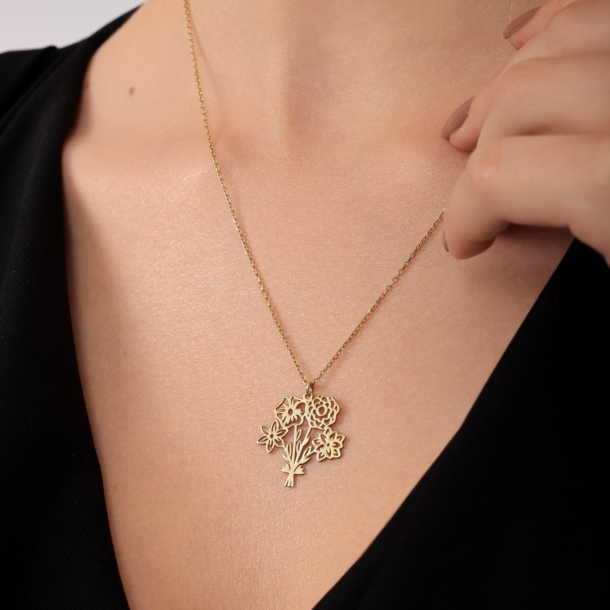 Sterling Silver Family Birth Flower Necklace, Combined Bouquet Pendant, Mom Gift