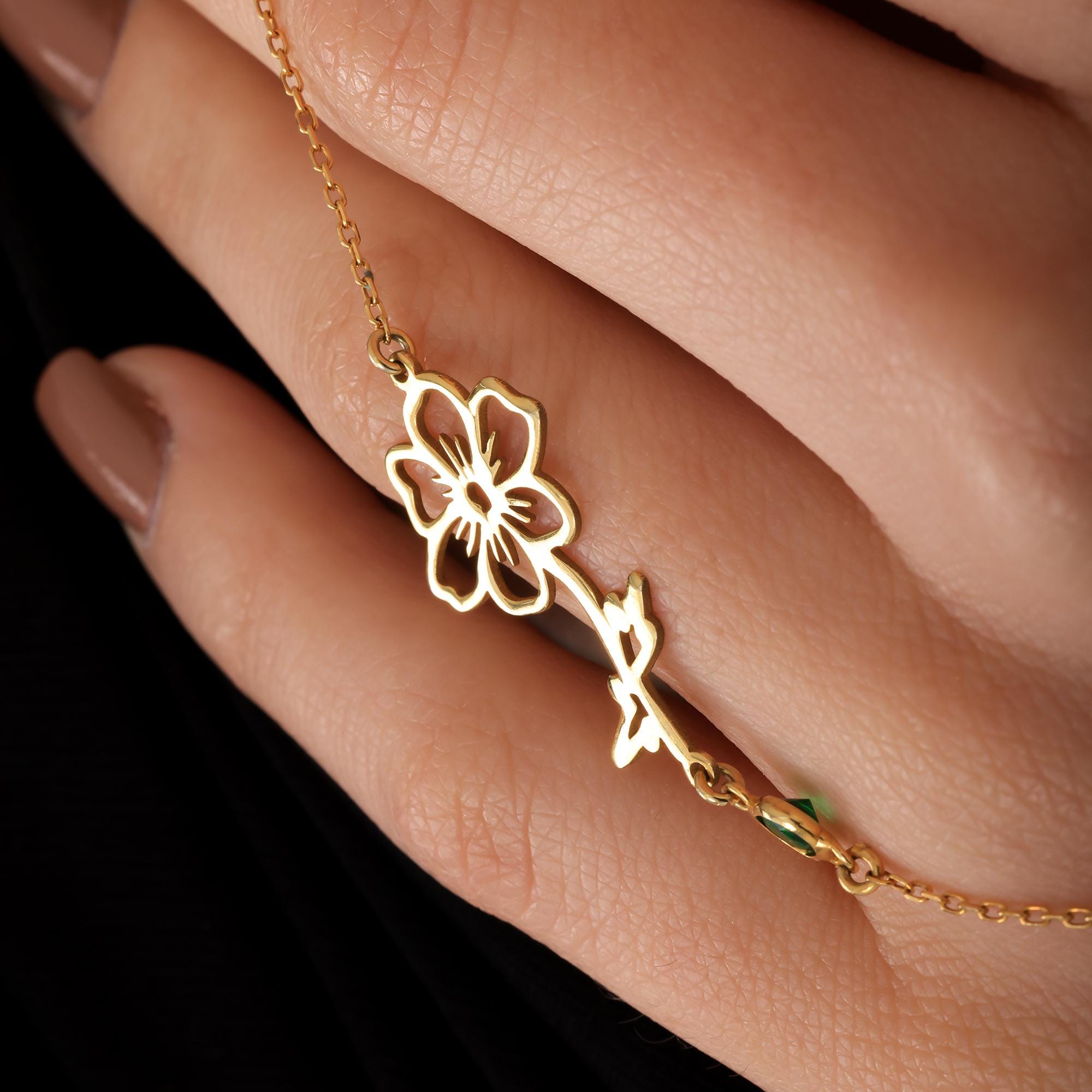 Sterling Silver Sideways Birth Flower Necklace – Custom Initial & Birthstone Charm